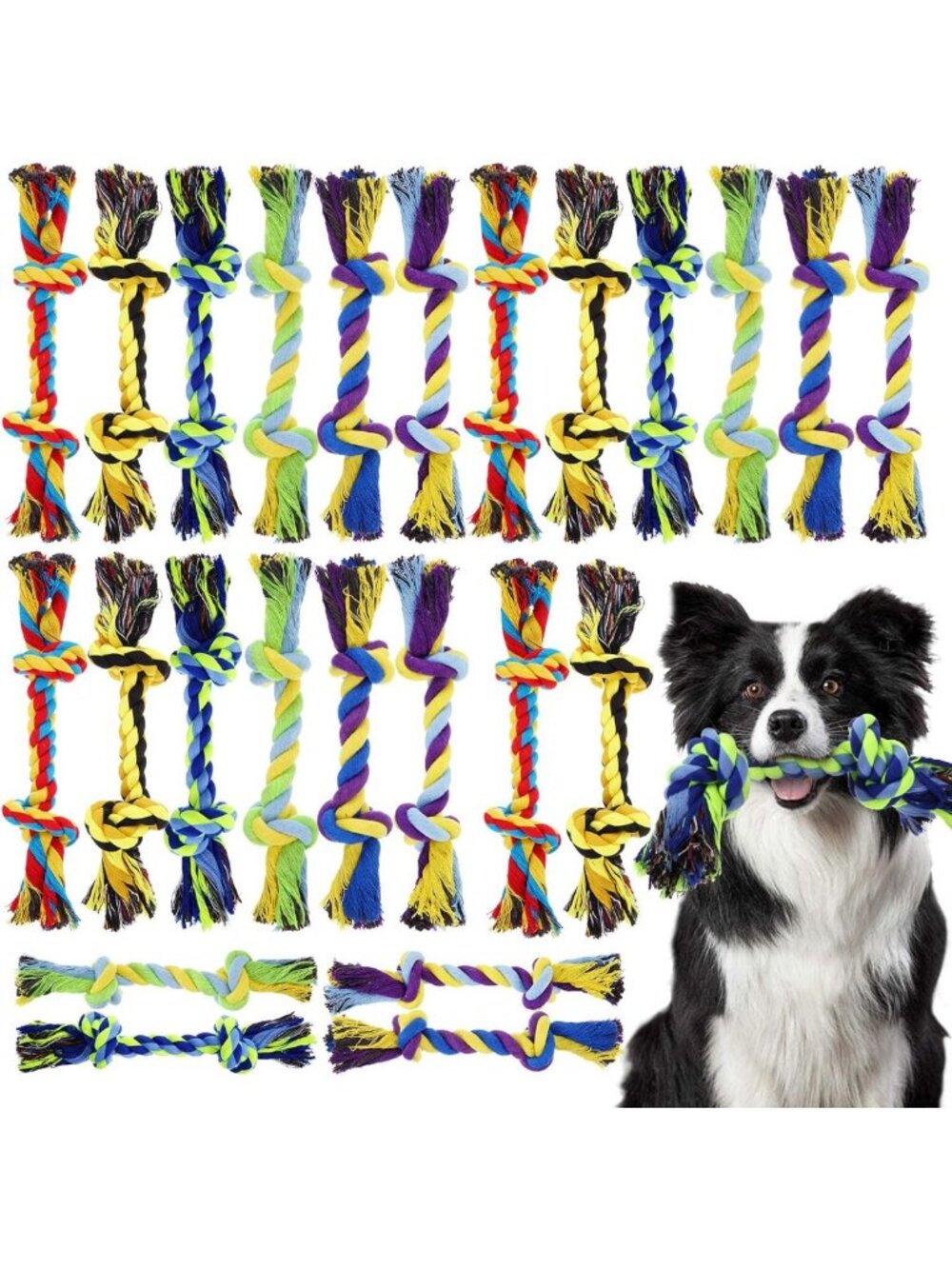 24 Pack 10" Cotton Dog Rope Chew Toys - Durable 2 Knot Toys for Large Dogs